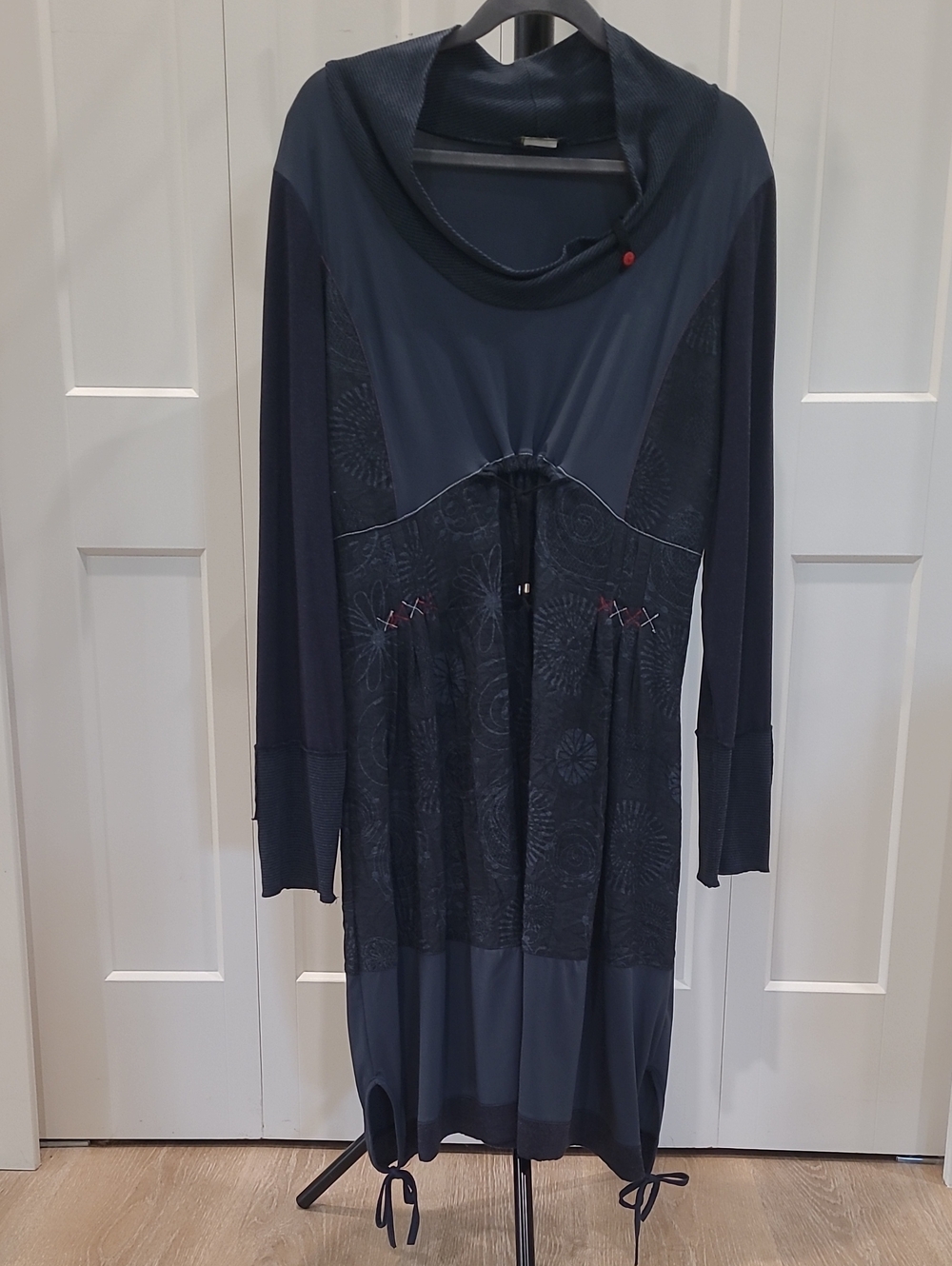 Dolcezza Navy Long Sleeve Cowlneck Midi  Dress